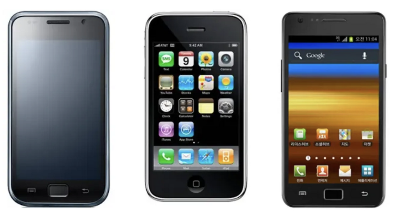 왼쪽부터 순서대로 갤럭시 S, 아이폰 3GS, 갤럭시 S2