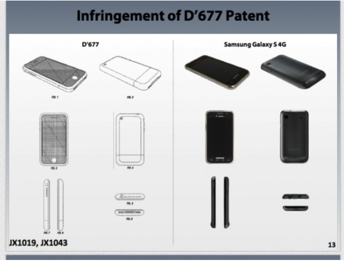 D’677 특허와 갤럭시 S의 비교 (사진 출처: 2012년 국제지재권 분쟁동향 연차보고서)