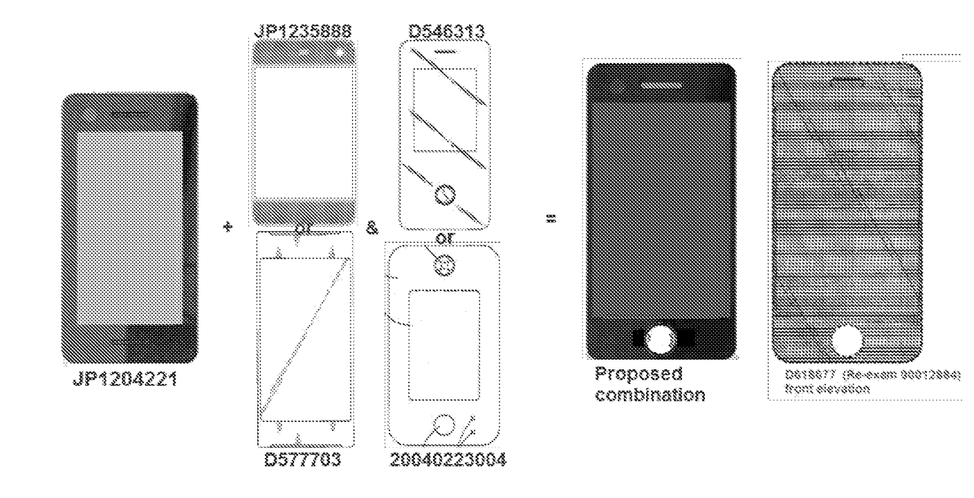 Non-final Action에서 JP D1204221과 다른 디자인의 결합으로 D’677의 비자명성을 부정하는 도식